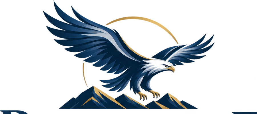 Rockeagle Group crest — bald eagle over mountain peaks